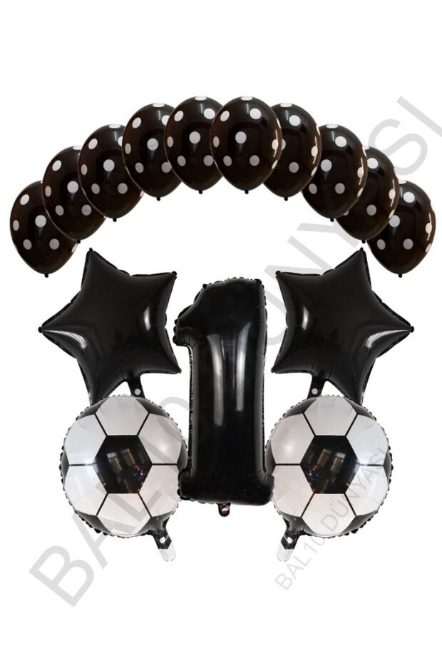 Bal10 Black Number Soccer Ball Star Foil and Dotted Balloon Set Age 1