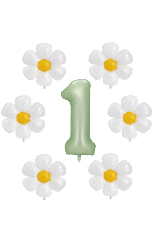 Water Green Color Number and 6 Daisy Foil Balloons Set Age 1