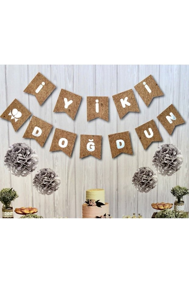 Bal10 Kraft Cardboard Banner with Silver Gray Gilded Happy Birthday Writing and Birthday Party Stringed Lettering Banner
