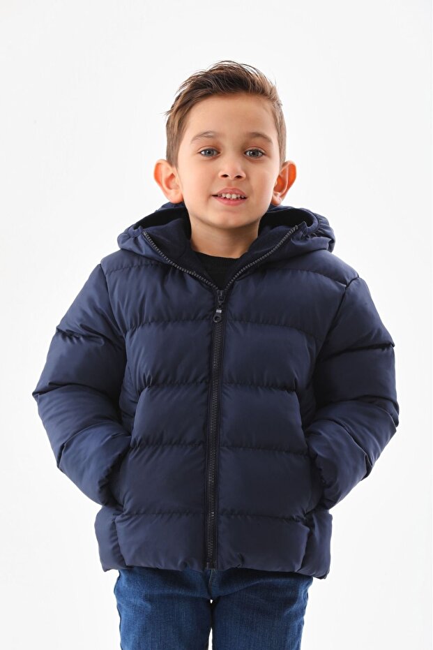 Boys' Navy Blue Padded Inner Fleece Hooded Winter Inflatable Children's Coat