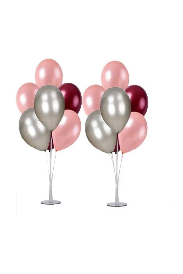 Bal10 2 Balloon Stands and 14 Rose Gold Silver Burgundy Metallic Balloons Set