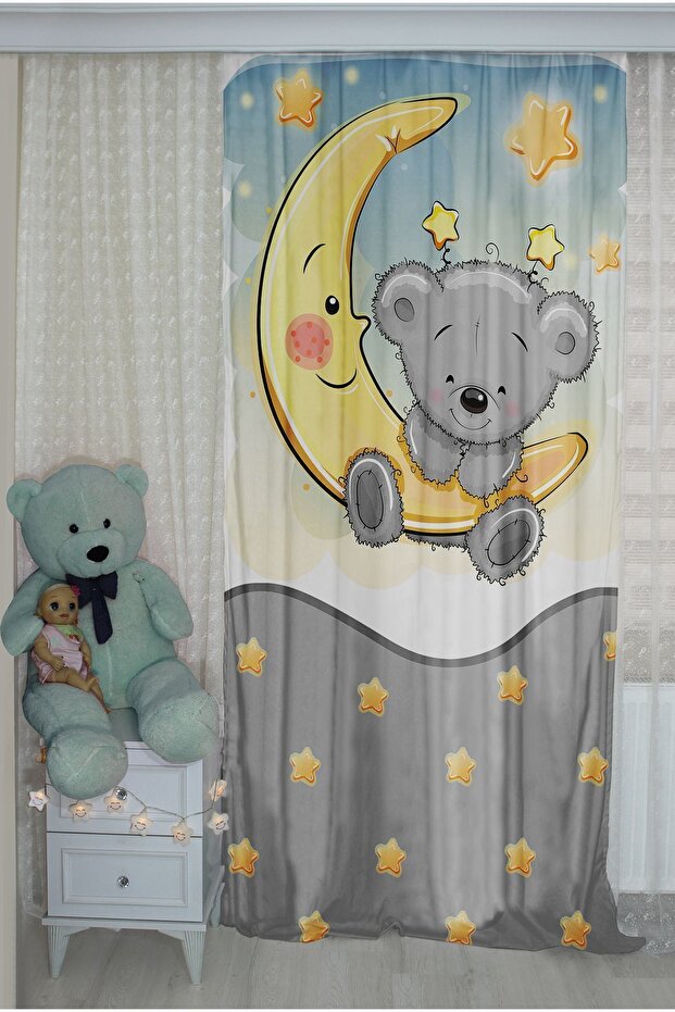 Children's Room Background Curtain with Cute Teddy Bear and Double Wings