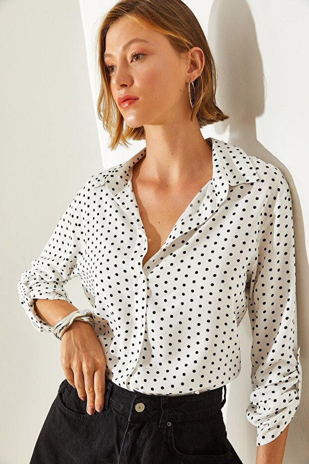 Women's White Black Multi Leaf Patterned Viscose Shirt with Folded Sleeves 30501018