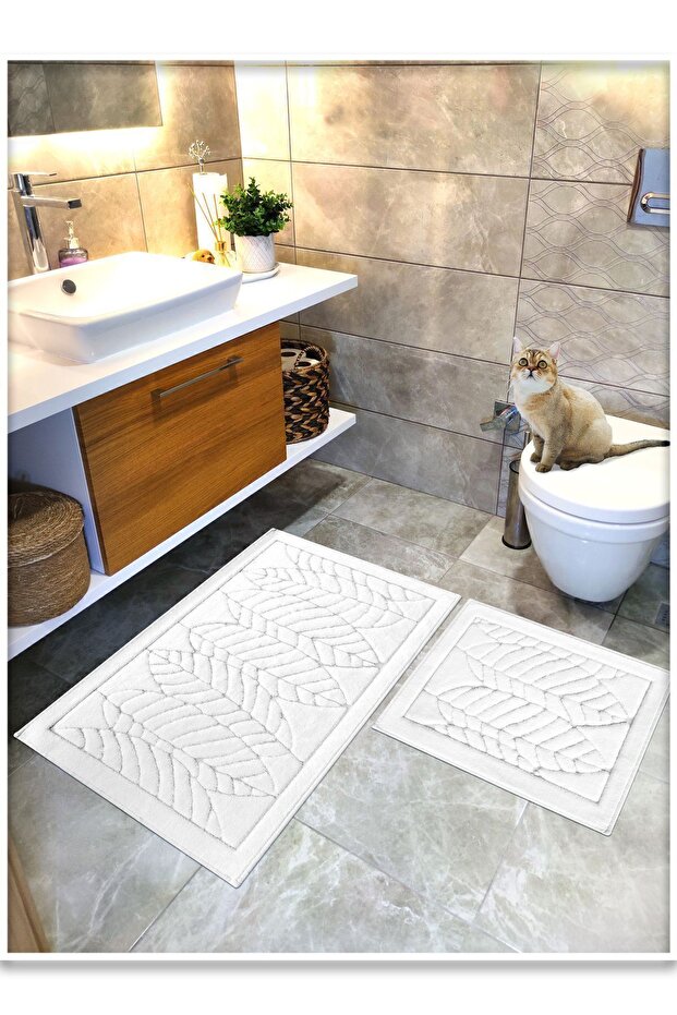 100% Cotton Woven Bath Mat Set, Bathroom Rug Leaf Set of 2 60x100 - 60x50