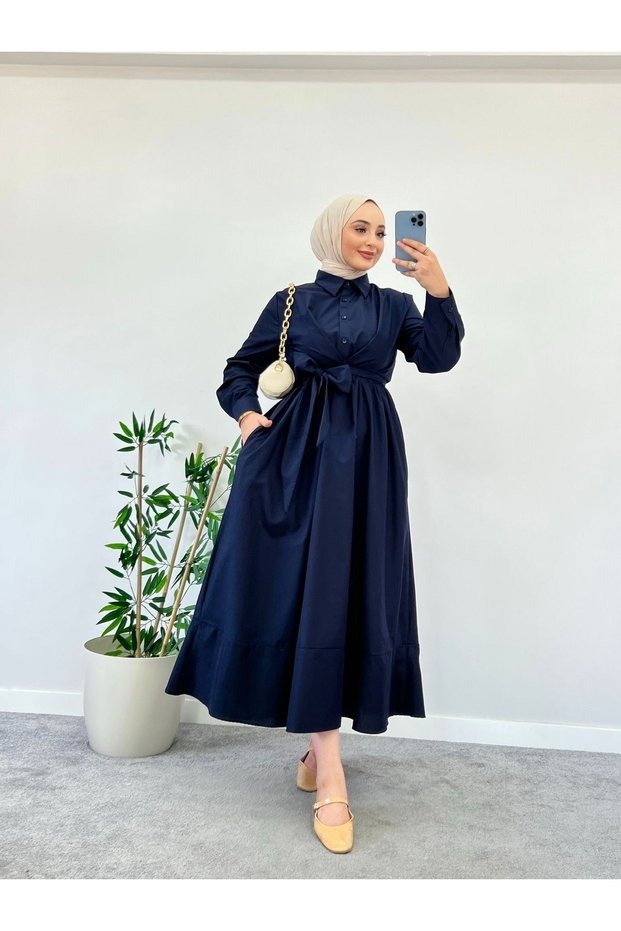 Navy Blue Hijab Dress - Waist Tied
