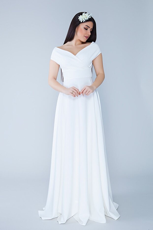 Boat Neck Double-Breasted Low Shoulder Woven Drapey Fabric Maxi-Length Special Occasion & Graduation & Evening Dress