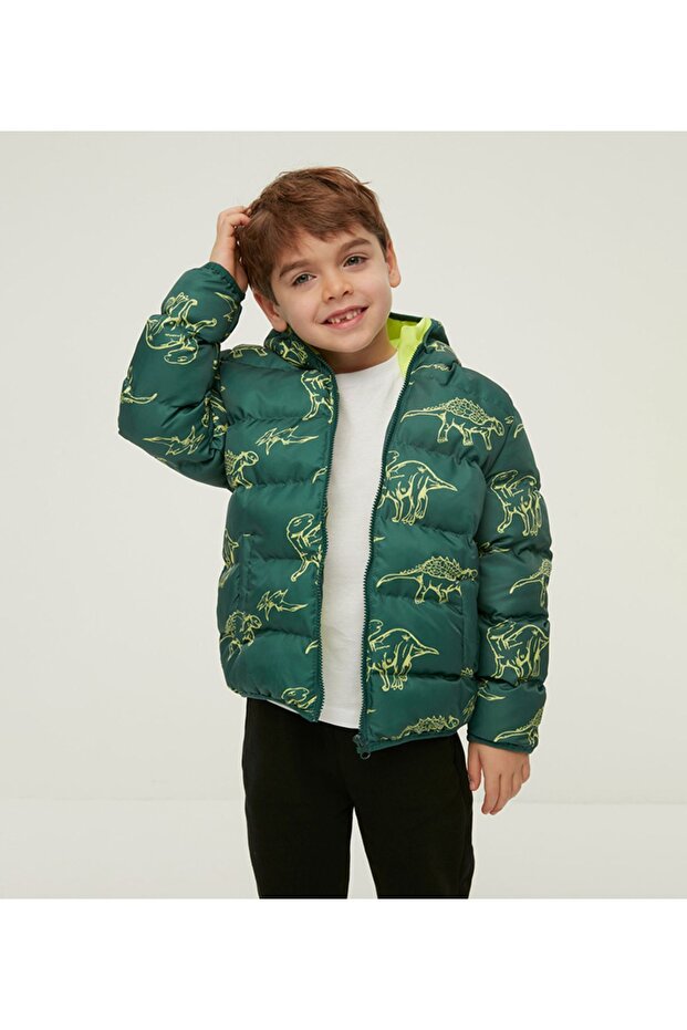 Boy's Water and Windproof Printed Hooded Coat Puffer Jacket