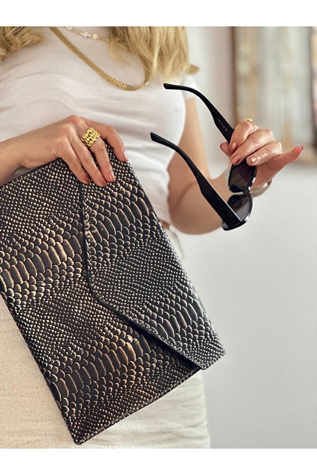 100% Genuine Leather Handmade Brown Gold Patterned Envelope Handbag Leather Portfolio Leather Clutch