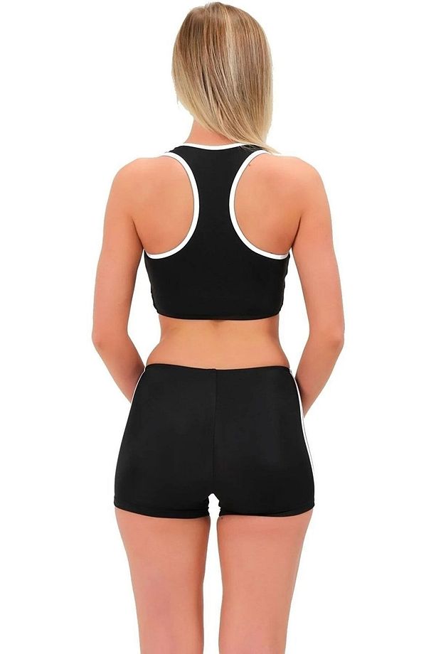 Şeritli Şortlu Yüzücü Bikini Siyah - 6