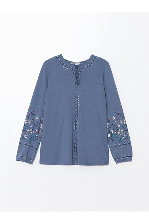 LCW Lace-Up Collar Print Long Sleeve Women's Blouse