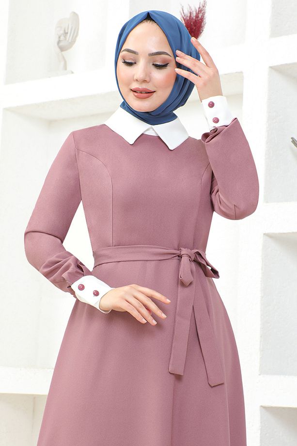 Kuşaklı Elbise ASM2687 Gül Kurusu - 3