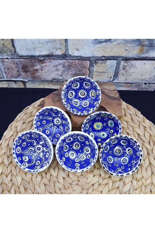 6 Pieces Ceramic Evil Eye Bead Themed Real Hand Embroidered Decorative 8 Cm Sauce, Cookie, Appetizer Bowl Set