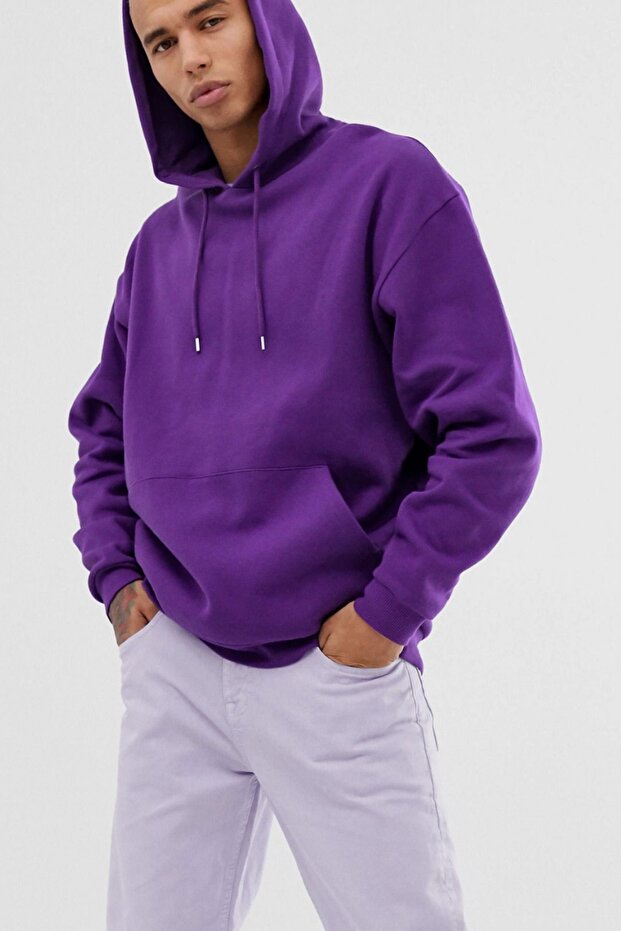 Erkek Kışlık Mor Kapüşonlu Sweatshirt Baskısız - 1