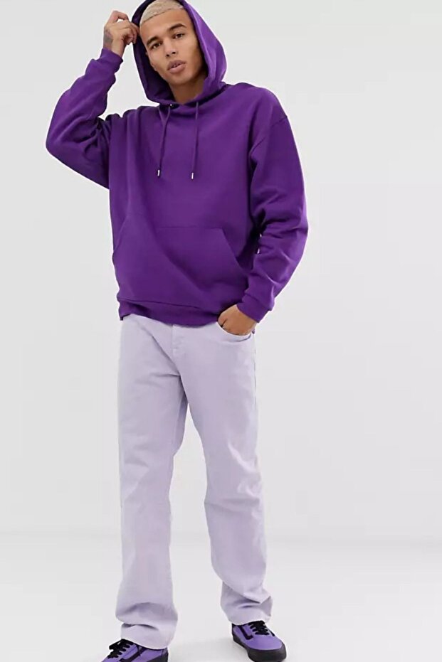 Erkek Kışlık Mor Kapüşonlu Sweatshirt Baskısız - 3