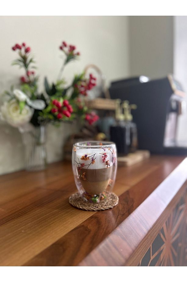 1 Adet Çiçekli Isıya Dayanıklı Borosilikat Çift Çidarlı Flower Cup | Çiçekli Kahve Sunum Bardağı - 7