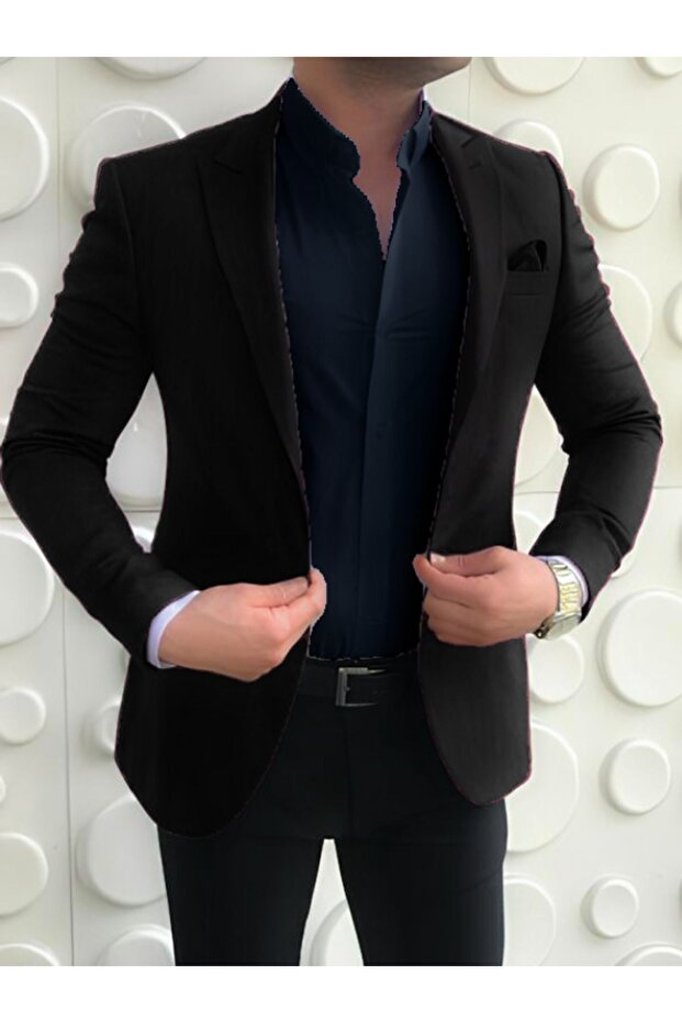 Men's Italian Style Slim Fit Blazer Black Single Jacket