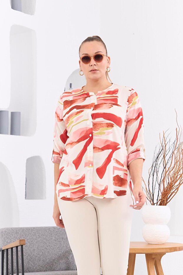 Patterned Voile Viscose Plus Size Buttoned Tile Blouse - 1