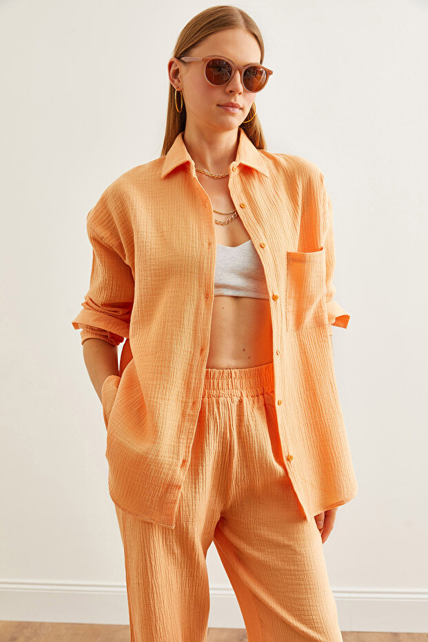 Kadın Somon Oversize Basic Müslin Gömlek GML-19001217 - 1