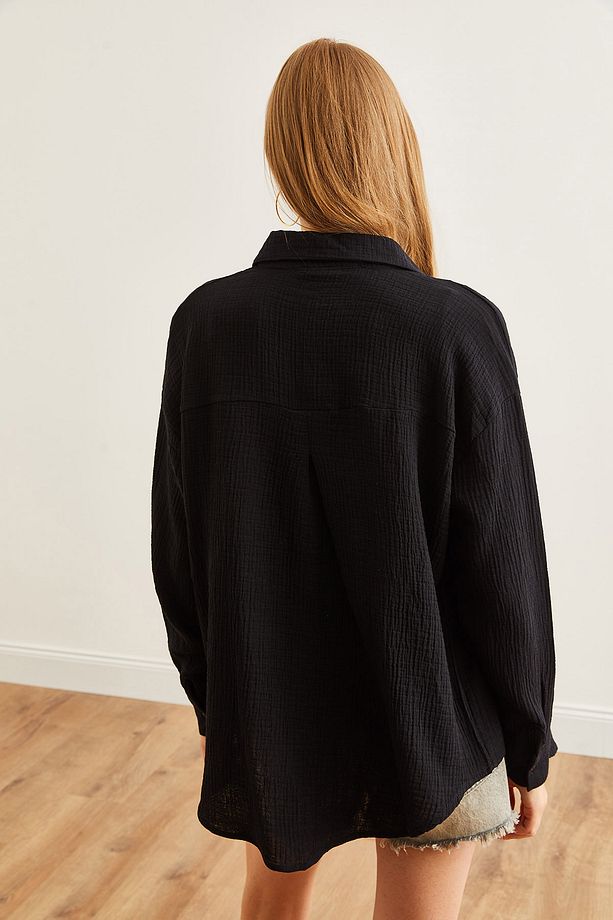 Kadın Siyah Oversize Basic Müslin Gömlek GML-19001217 - 2