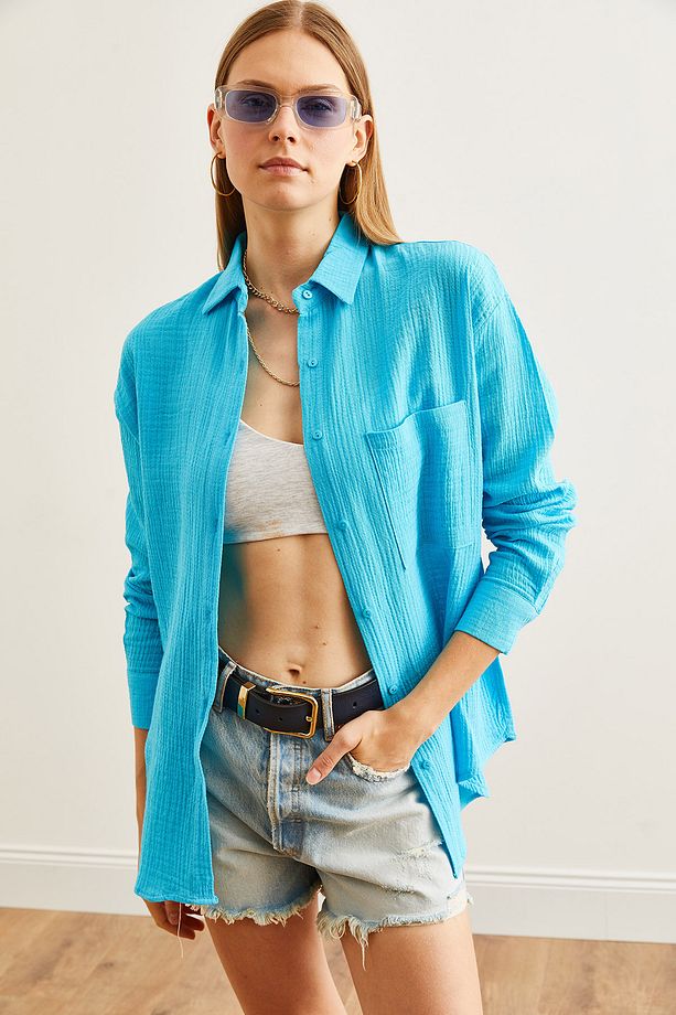 Kadın Mavi Oversize Basic Müslin Gömlek GML-19001217 - 6