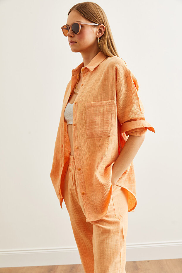 Kadın Somon Oversize Basic Müslin Gömlek GML-19001217 - 6