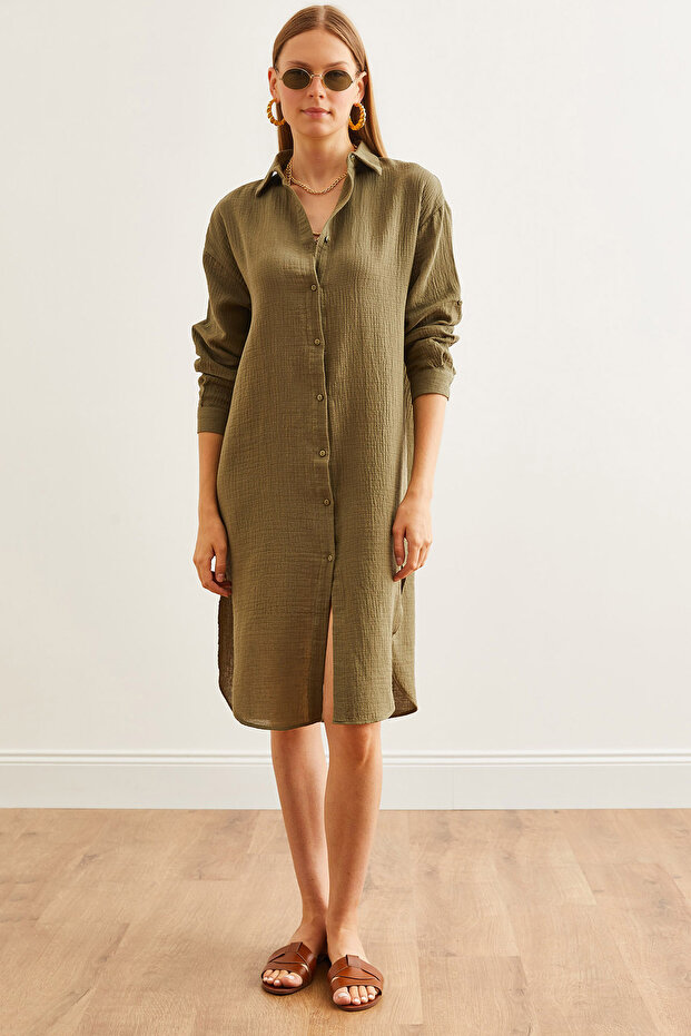 Women's Khaki Side Oval Slit Muslin Shirt Dress Elb- 19002243