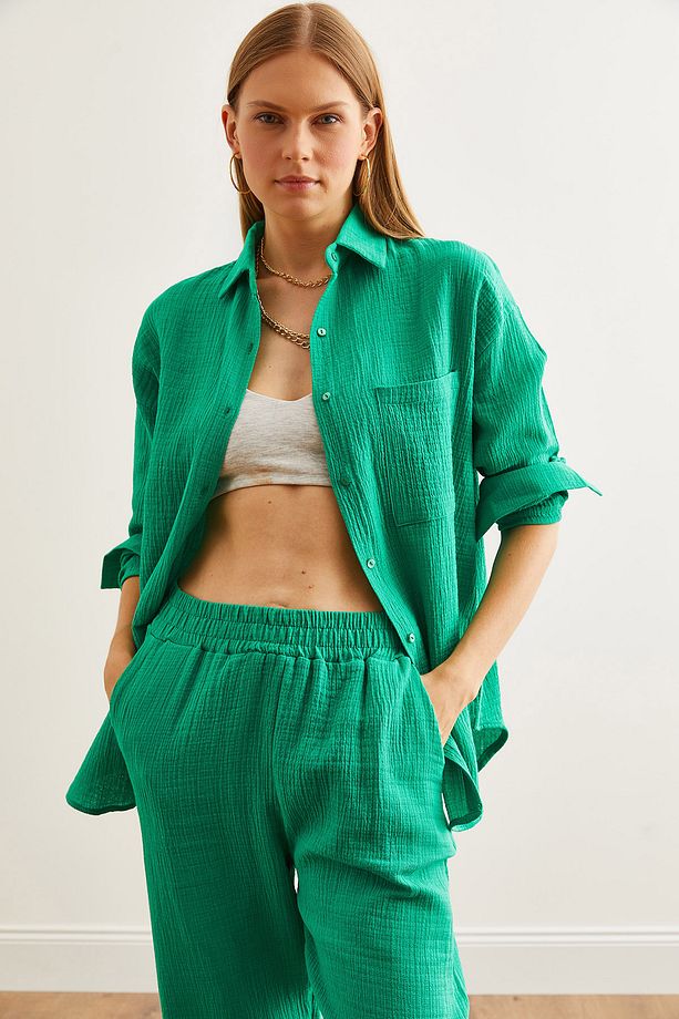 Kadın Çimen Yeşili Oversize Basic Müslin Gömlek GML-19001217 - 5