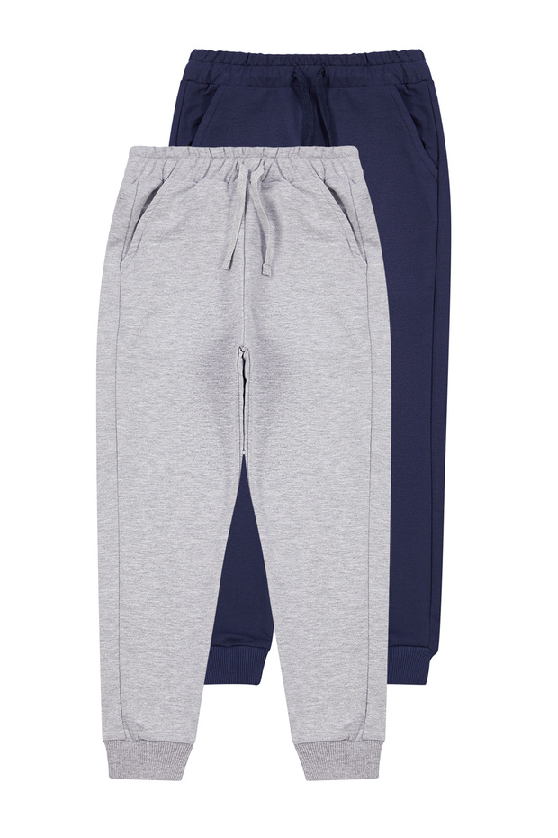 Lacivert-Açık Gri 2'li Beli Lastikli Jogger Düz/Basic Okul Unisex Çocuk Eşofman Altı TKDAW25EA00000 - 2