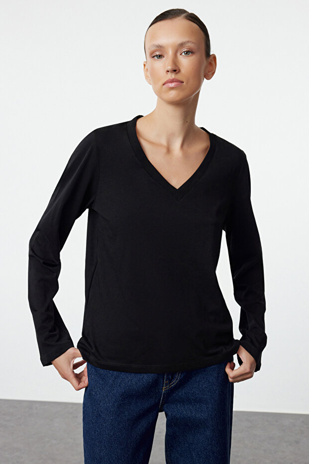 Siyah-Beyaz 2'li Paket %100 Pamuk V Yaka Regular/Normal Kesim Örme T-Shirt TWOAW25TS00002 - 11