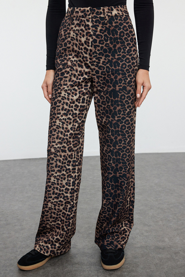 Kahverengi Leopar Desenli Straigth/Düz Kesim Dokuma Kumaş Pantolon TWOAW25PL00030 - 5