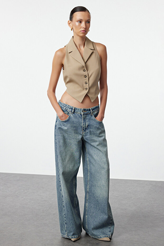 Vizon Fitted Düğme Detaylı Crop Dokuma Yelek TWOAW25YE00069 - 1