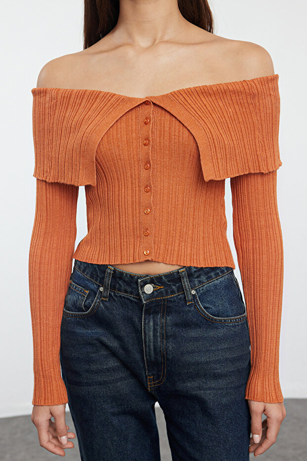 Turuncu Crop Premium İplik/Özel İplik Fitted/Vücudu Saran Triko Hırka TWOAW25HI00095 - 3