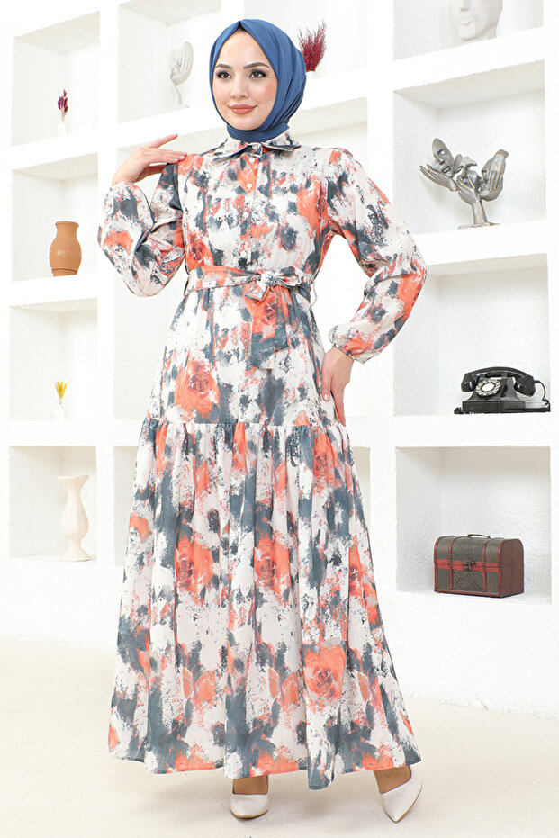 فستان برتقالي منقوش - MSL6092 - 1