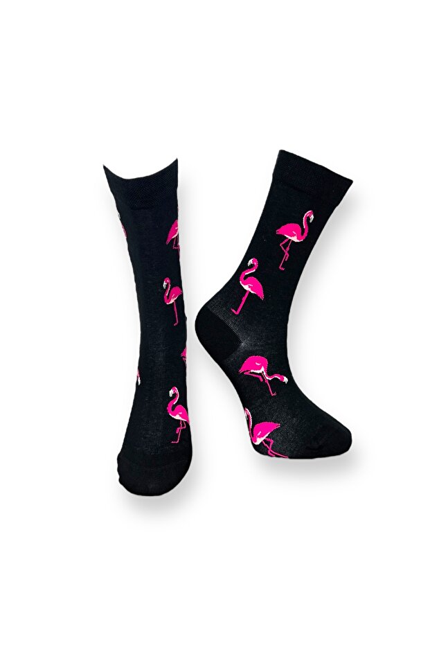 3'lü Renkli Siyah Flamingo Desenli Unisex Esnek Nem Alabilen Pamuklu Soket Çoraplar - 6