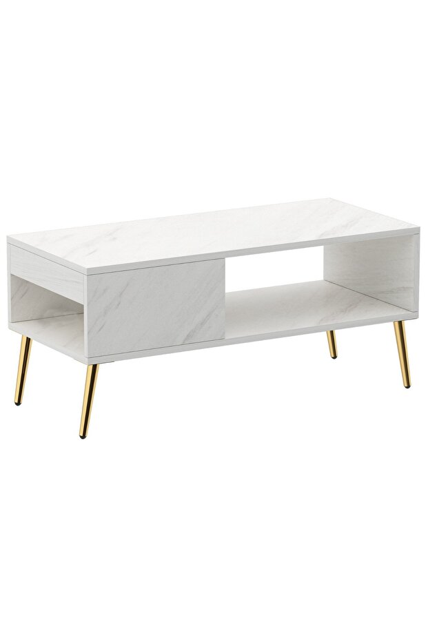 Modern White Marble Coffee Table with Storage Shelf - Durable, Stylish, Space-Saving