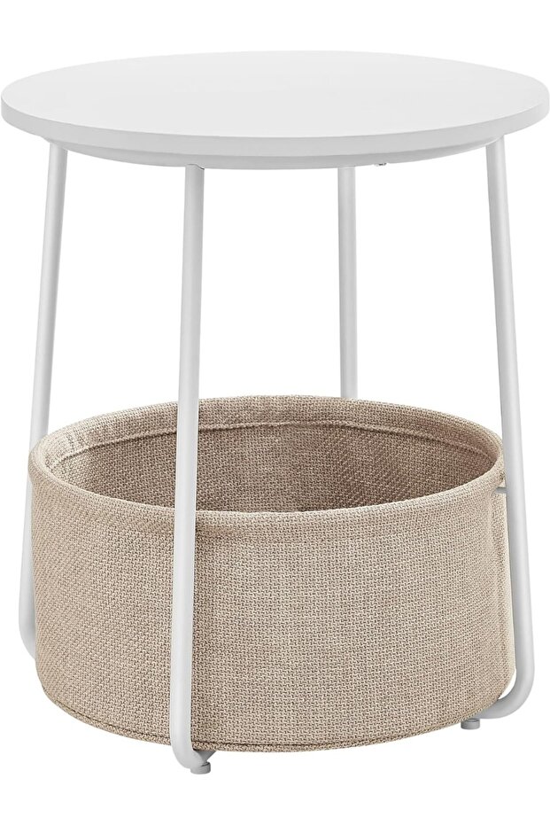 VASAGLE Modern Round Side Table with Fabric Basket, Easy Assembly, Sturdy, White and Beige