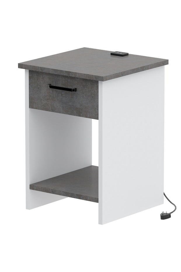 Modern Nightstand with USB Ports, Drawer, Open Shelves - Anthracite/White, Easy Assembly