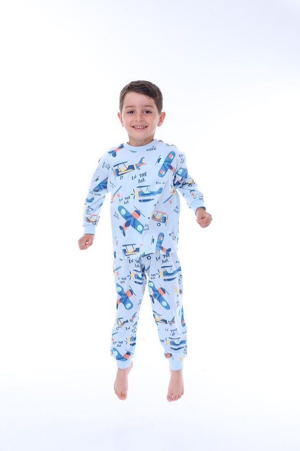 Uçak Baskılı %100 Pamuk Uzun Kollu Erkek Çocuk Pijama Takımı (3,4,5,6,7,8 YAŞ) - 2