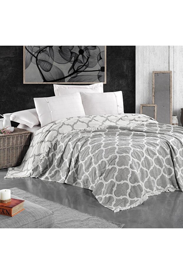 Damask Design Double Sided Jacquard Linen Cotton Woven King Size 240x260cm Pique Bedspread