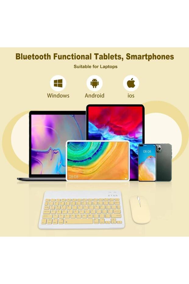 Apple iPad Pro 10. Nesil 10.9" Uyumlu Kablosuz Bluetooth Şarj Edilebilir Klavye Mouse Seti - Sarı - 4