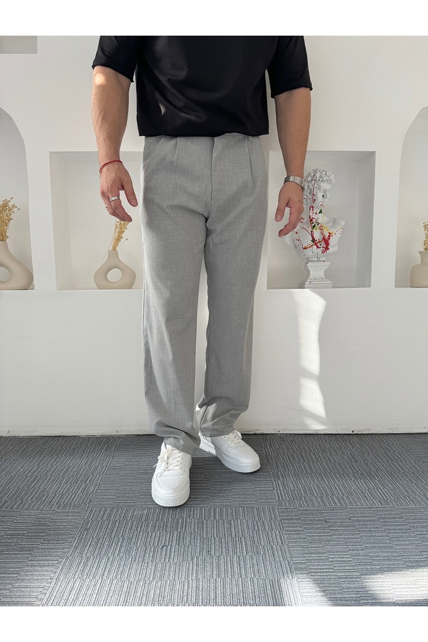 Açık Gri Baggy Pileli Kumaş Pantolon - 6