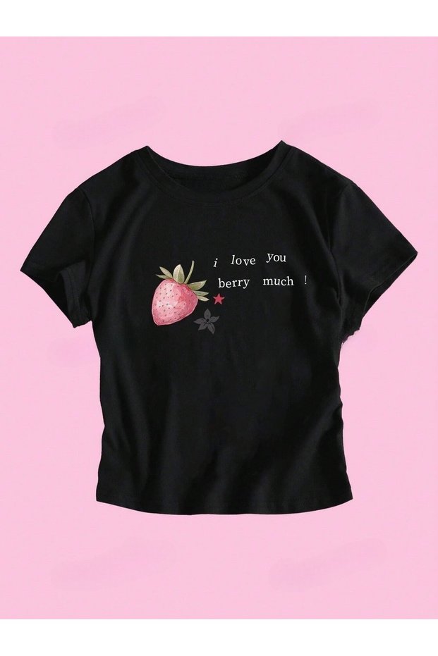 Women's black y2k i love berry Printed bayb tee crop