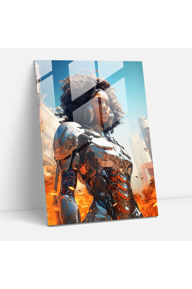 Afro Cyborg Glass Print - Afro, High-Tech City, Glass Wall Art, Wall Decoration