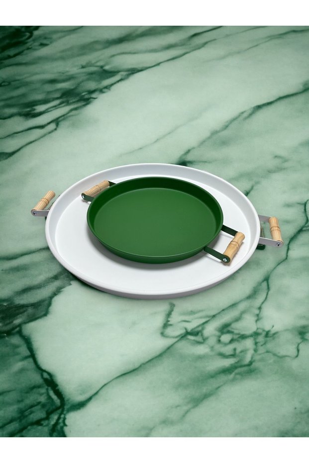 Set of 2 45 cm White Metal Tray with Wooden Handles and 37 Cm Green Coffee Presentation Tray