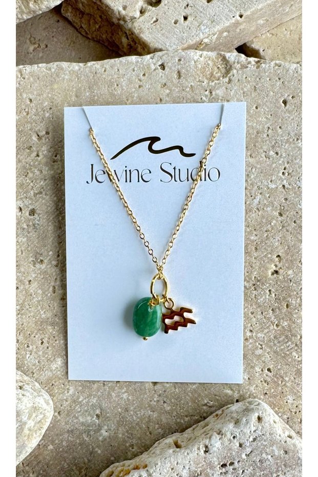 Aquarius Symbol and Aventurine Natural Stone Steel Necklace