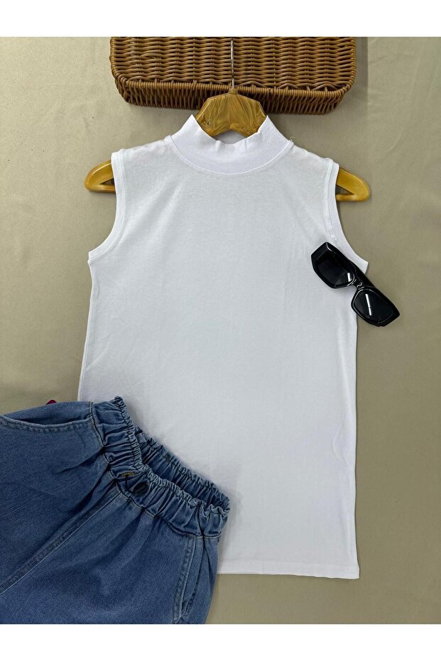 Women's Sleeveless Turtleneck Viscose Badi Tank Top White Bodysuit