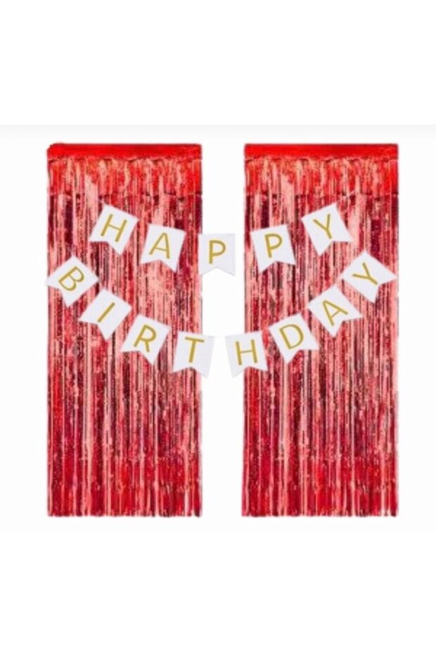 2 Red Metallic Curtains and 1 White Curtain with Gold Gilded "Happy Birthday" Lettering Set