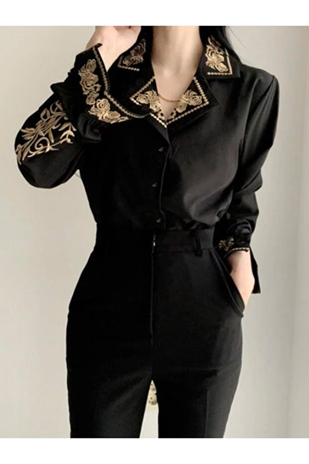 Siyah Nakışlı Gömlek - 1