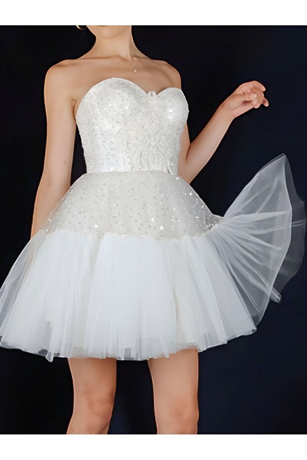 İncili pullu mini kabarık beyaz abiye - 7