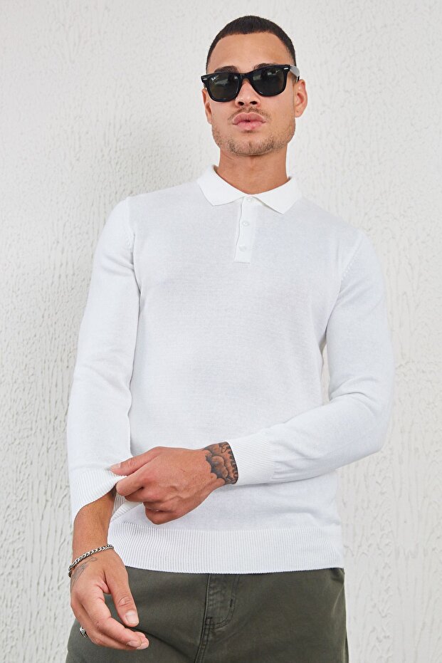 Buttoned Polo Neck Basic Knitwear Ecru |   Ee 100517377 - 7